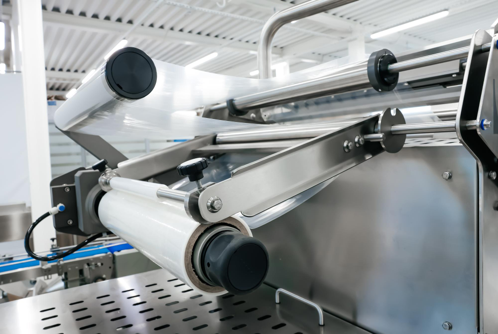 Detail balicího stroje ROSPACK s navinutou transparentní fólií k ochraně obalů.