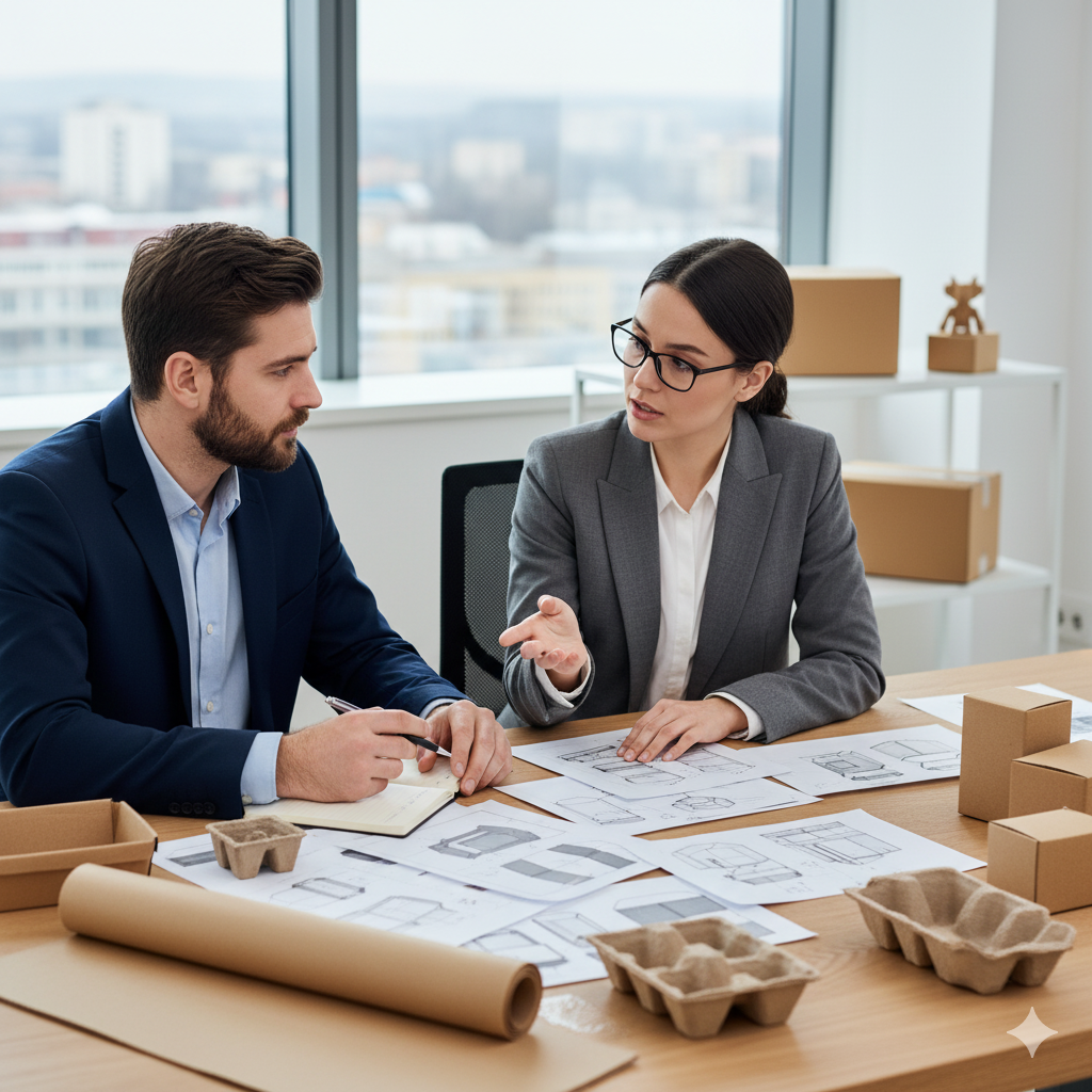 Muž a žena analyzují balicí potřeby s plány a kartonovými obaly na stole v kanceláři.