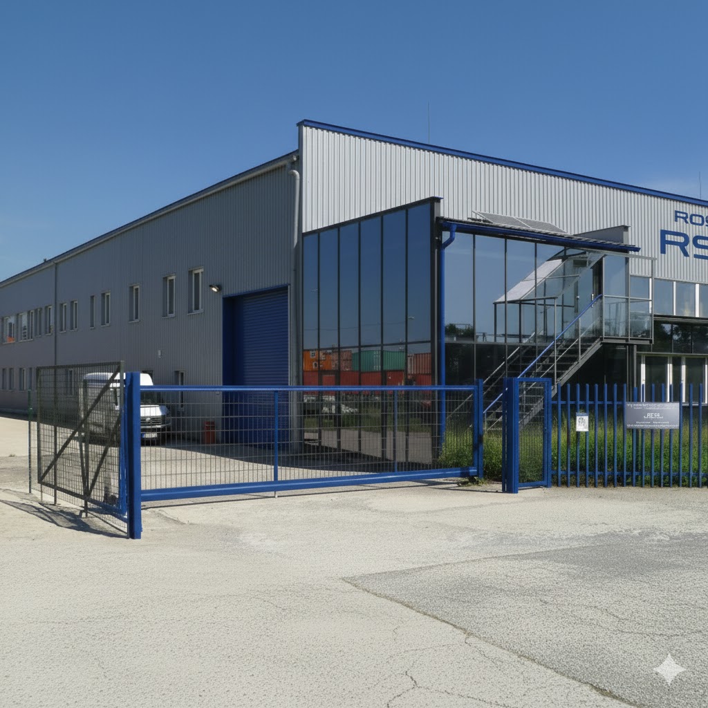 Vnější pohled na moderní průmyslovou budovu ROSPACK Obaly s proskleným vstupem a modrou bránou.